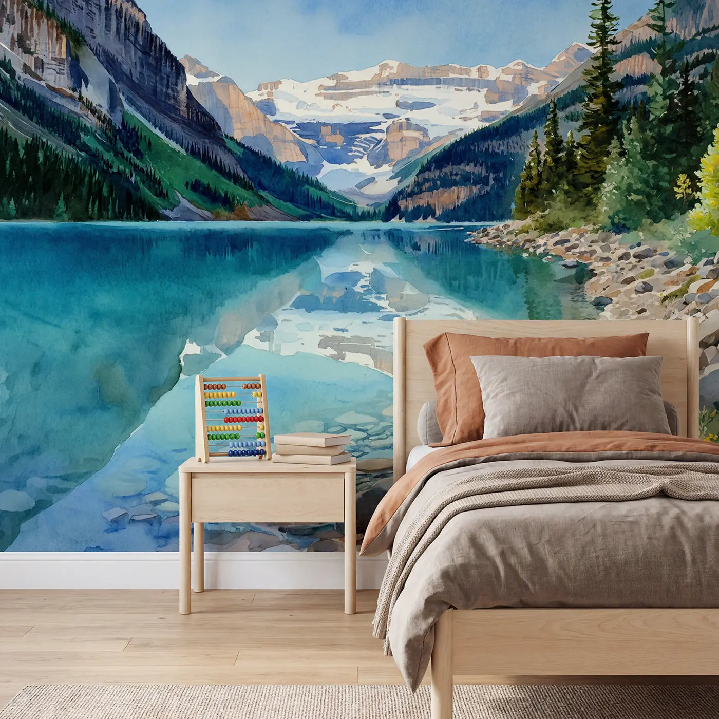 Watercolor alpine lake mountain reflection wallpaper mural for kids room by Whimsy Tots