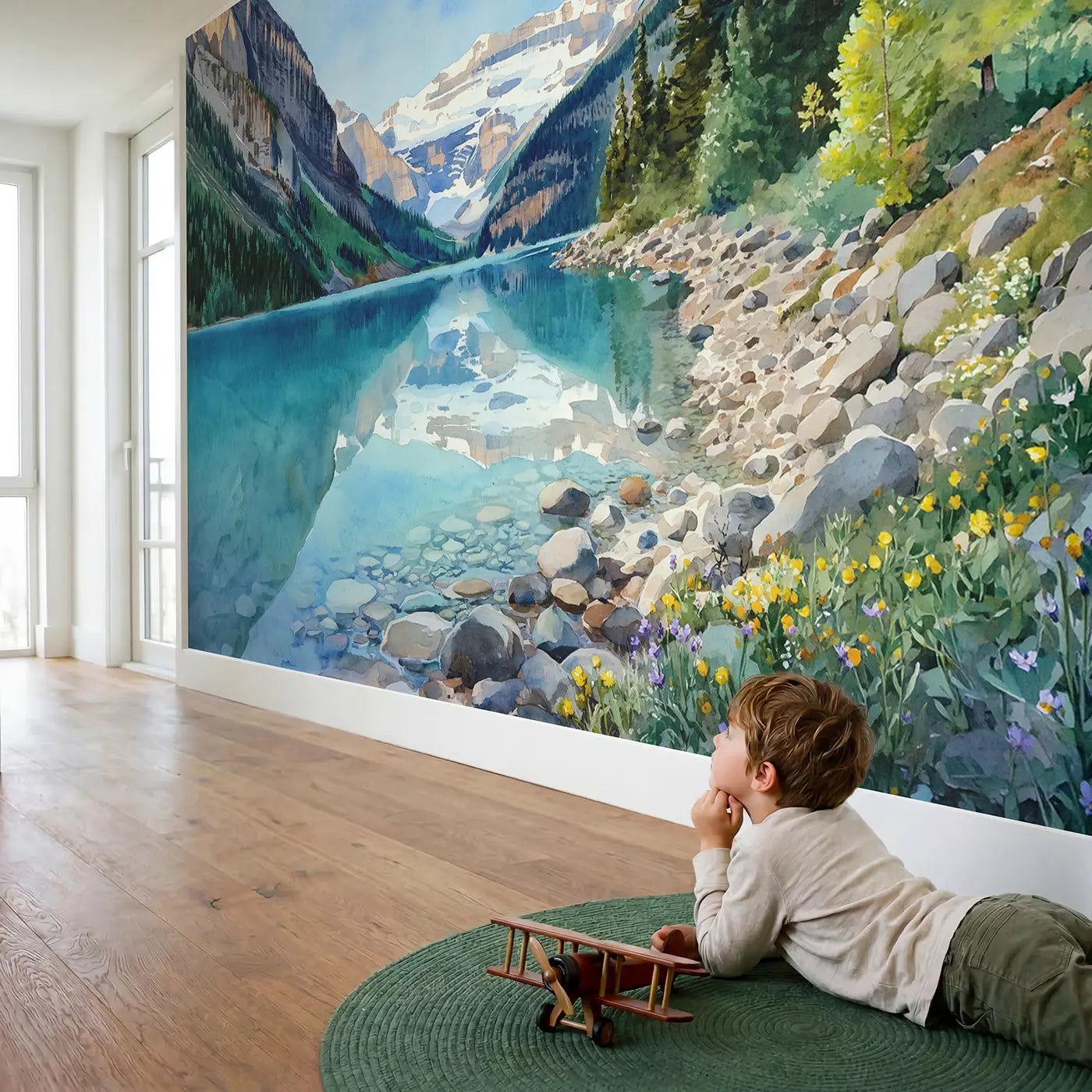 Child in nursery with Alpine Mirror Lake Wallpaper Mural by Whimsy Tots