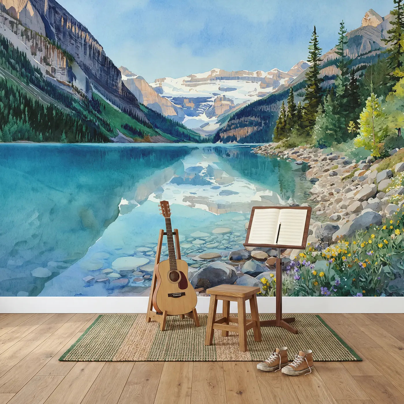 Alpine Mirror Lake Wallpaper Mural in playroom setting by Whimsy Tots