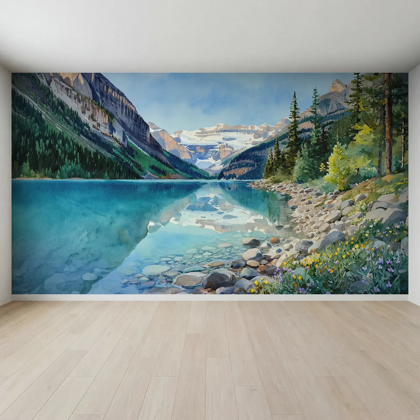 Full view of Alpine Mirror Lake Wallpaper Mural by Whimsy Tots