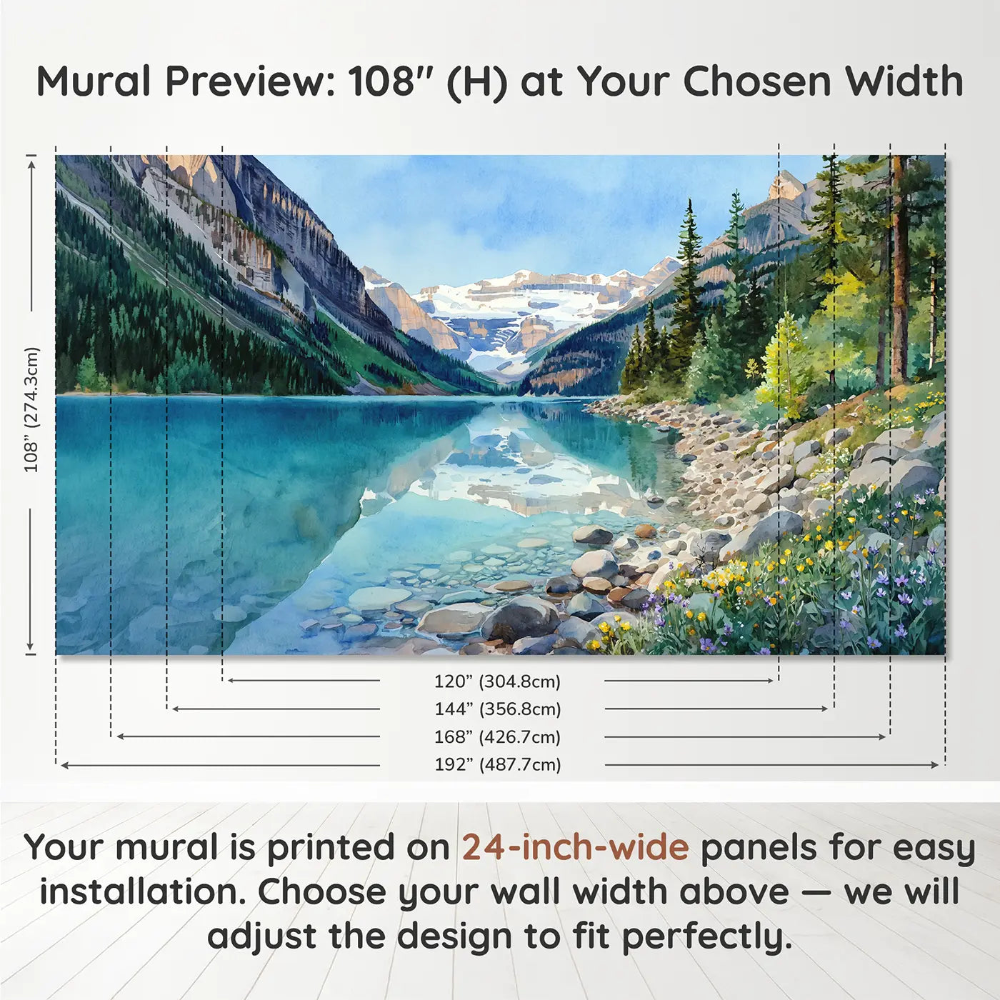 Panel layout and dimensions for Alpine Mirror Lake Wallpaper Mural by Whimsy Tots