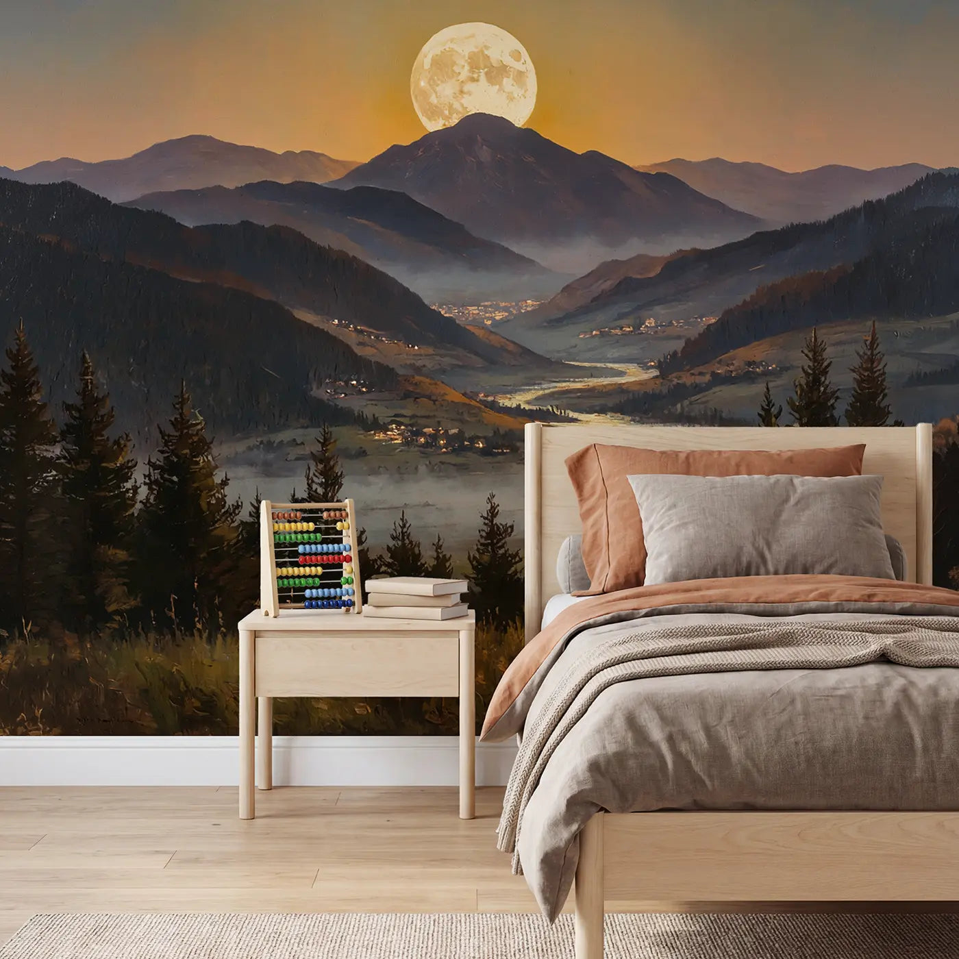 Painted landscape moonrise mountain peak fog wallpaper mural for kids room by Whimsy Tots