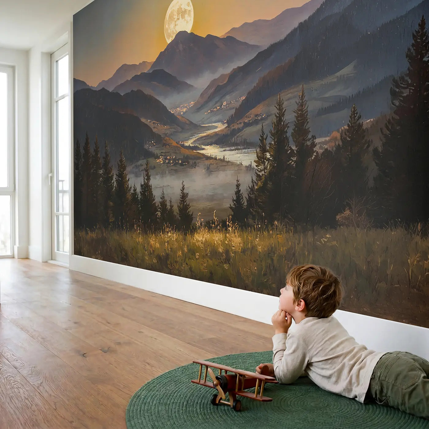 Child in nursery with Giant Moonrise Mountain Wallpaper Mural by Whimsy Tots