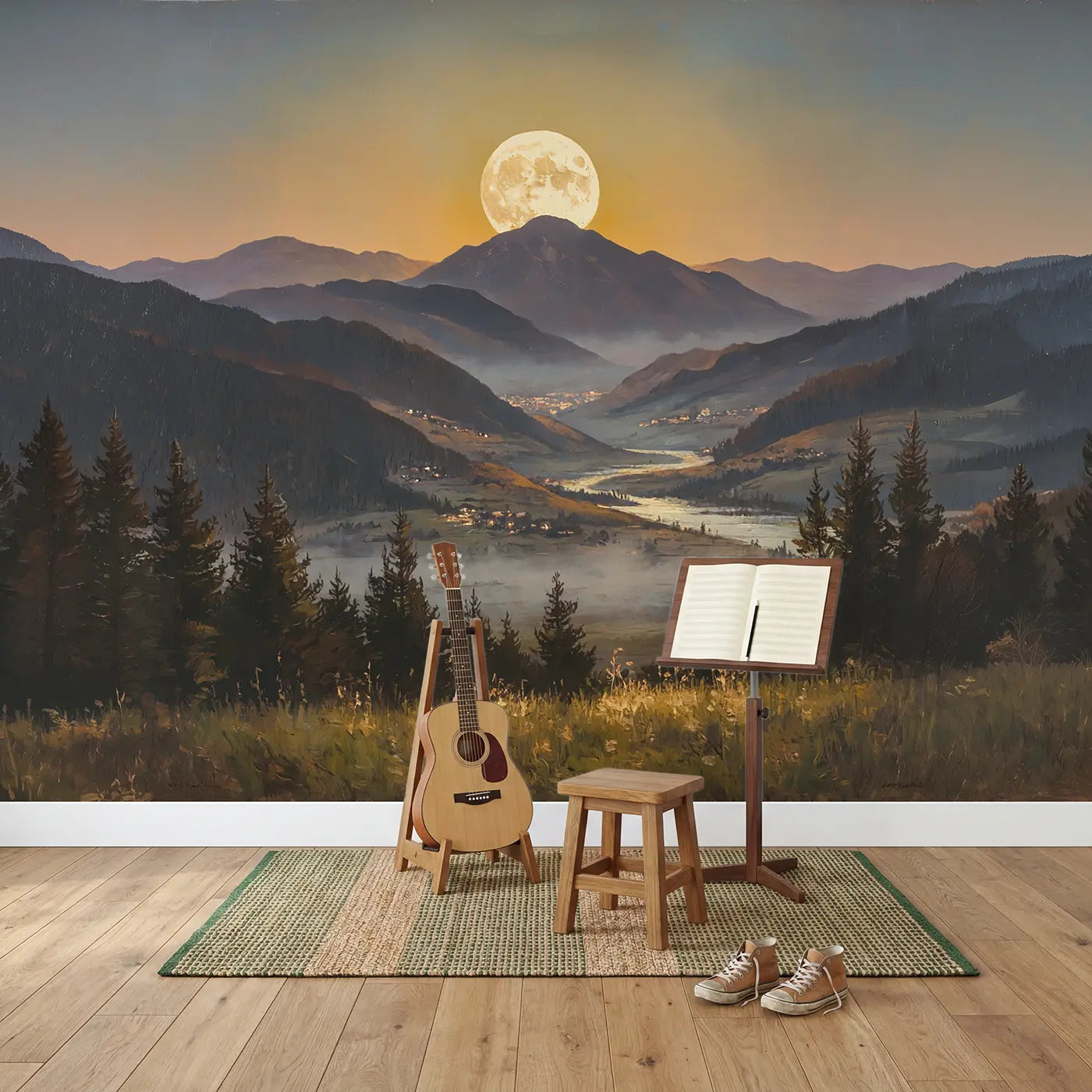 Giant Moonrise Mountain Wallpaper Mural in playroom setting by Whimsy Tots