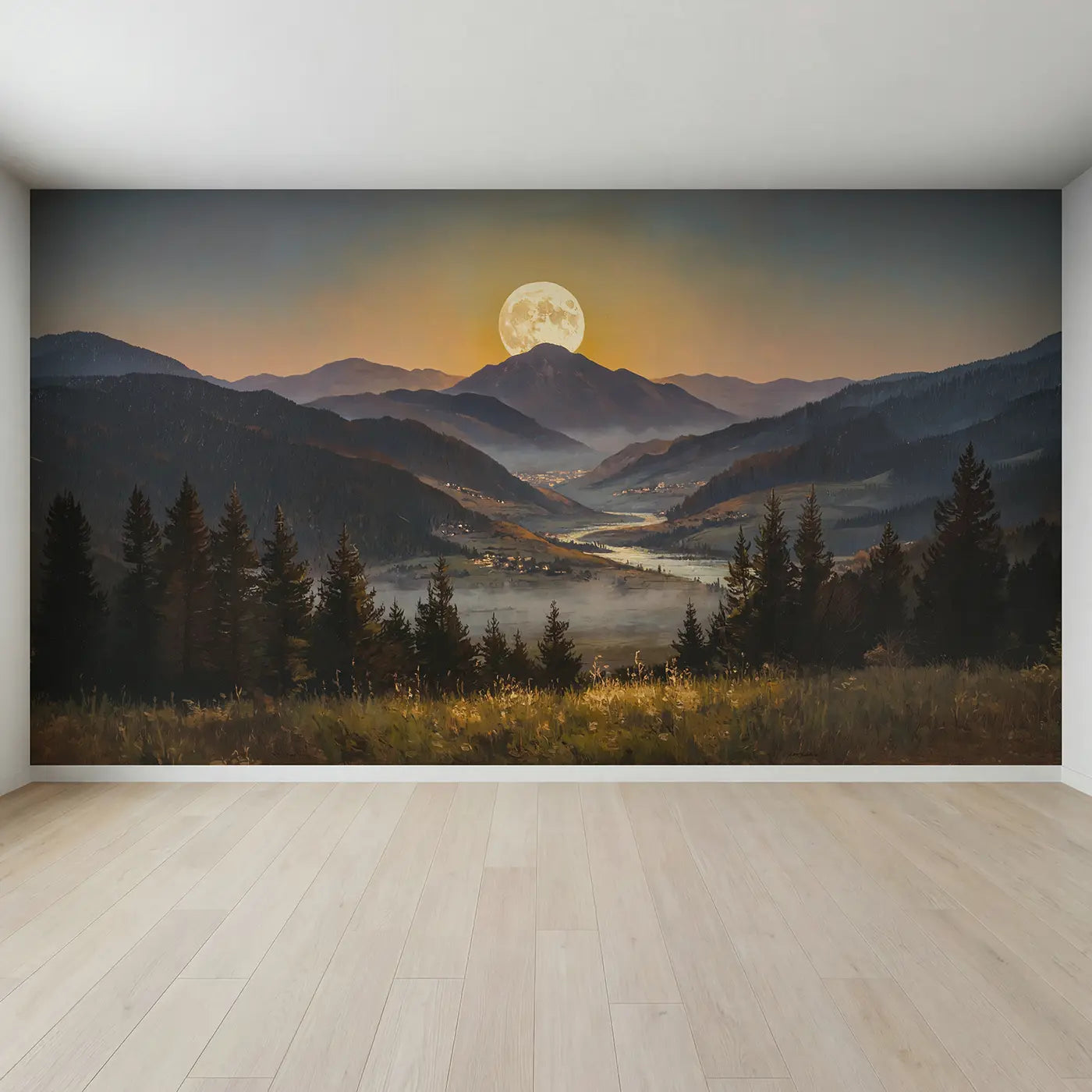Full view of Giant Moonrise Mountain Wallpaper Mural by Whimsy Tots