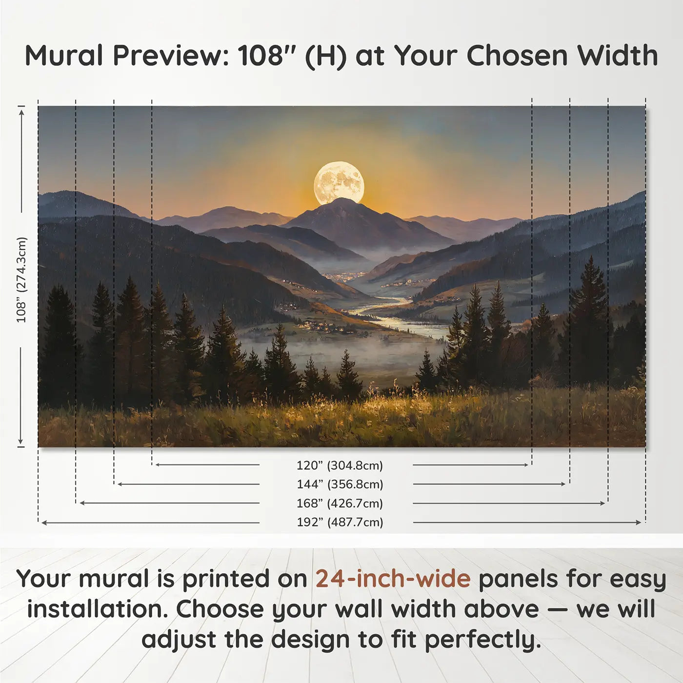 Panel layout and dimensions for Giant Moonrise Mountain Wallpaper Mural by Whimsy Tots