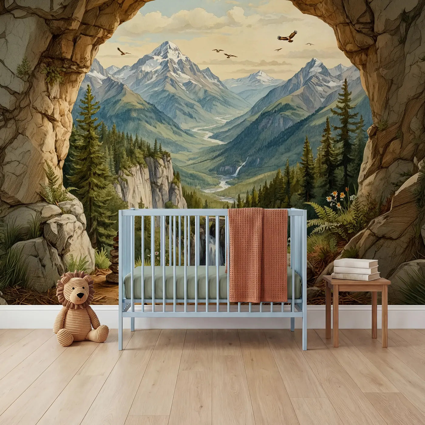 Storybook rock arch mountain vista wallpaper mural for nursery by Whimsy Tots
