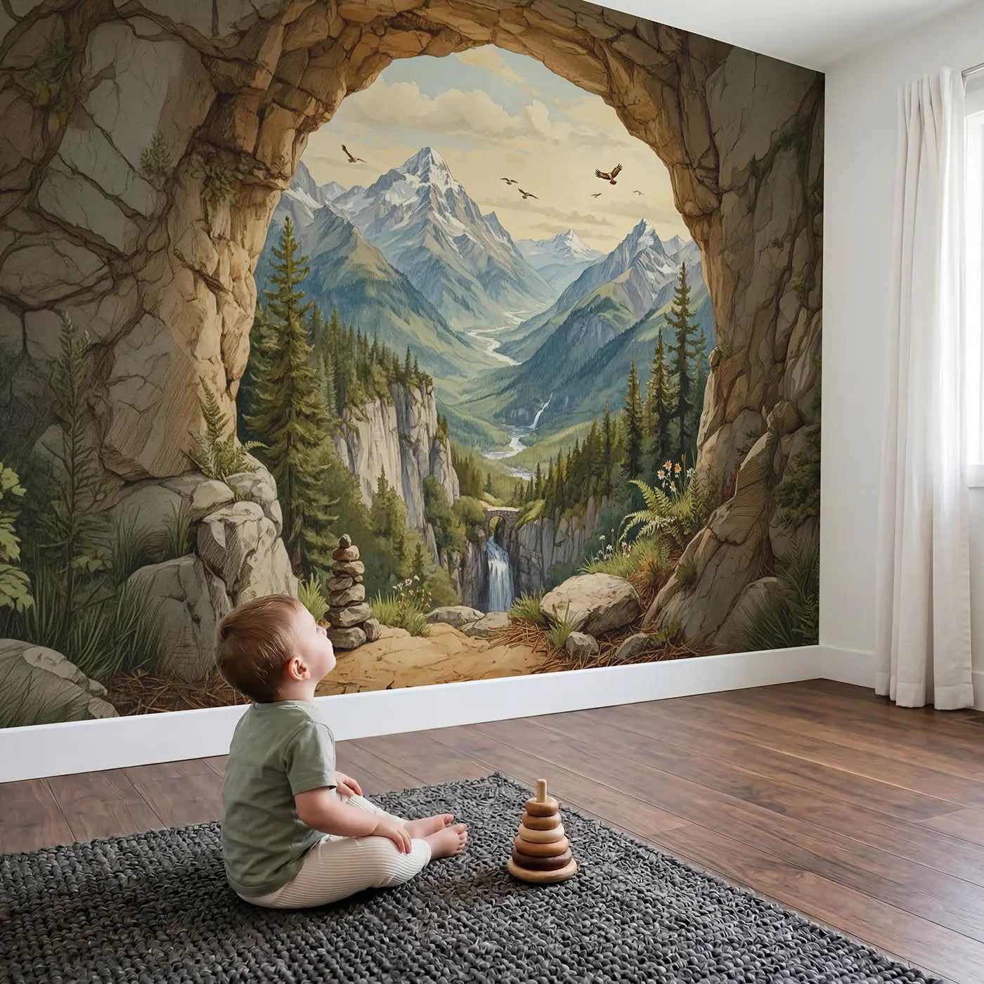 Child in nursery with Rock Arch Mountain Vista Wallpaper Mural by Whimsy Tots