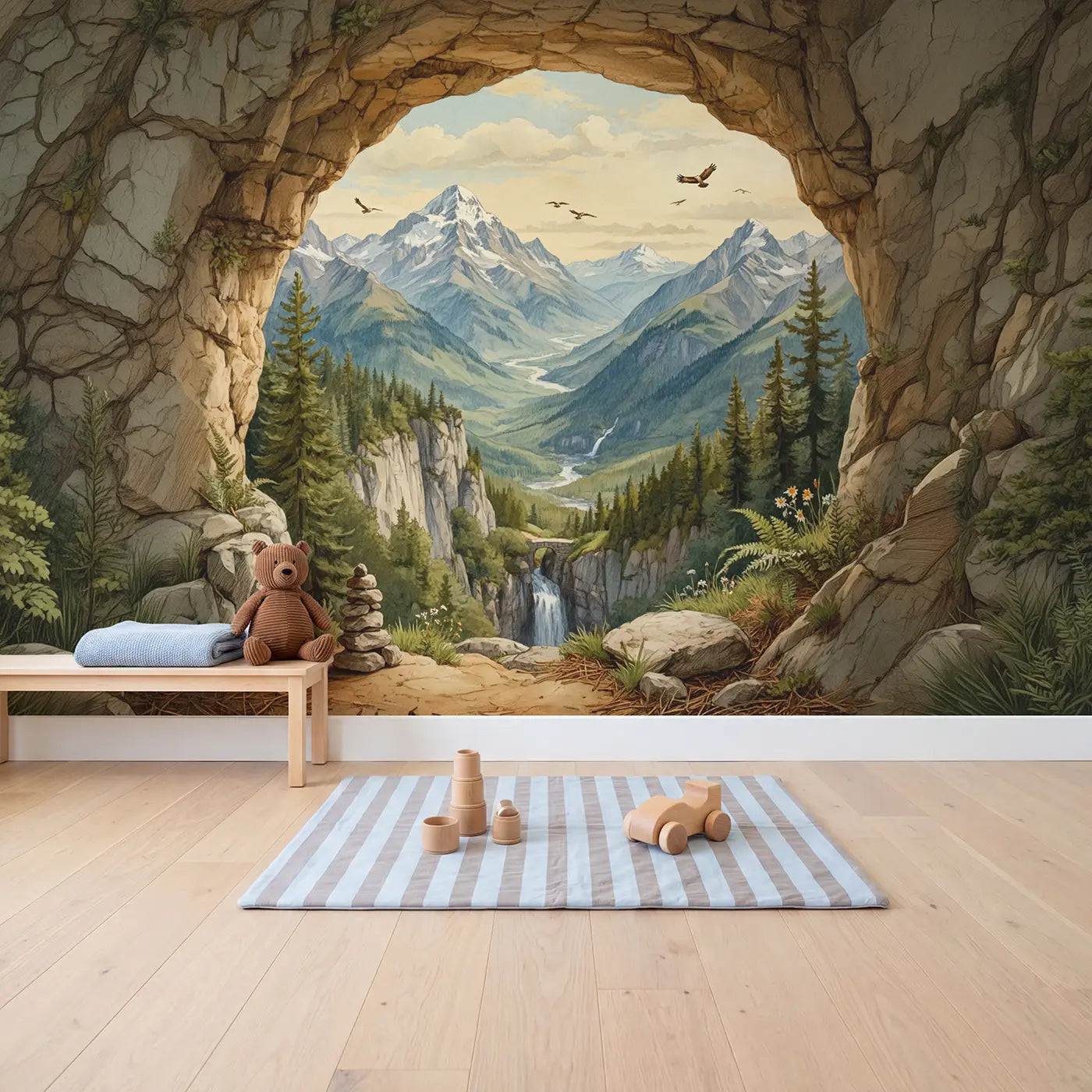 Rock Arch Mountain Vista Wallpaper Mural in playroom setting by Whimsy Tots