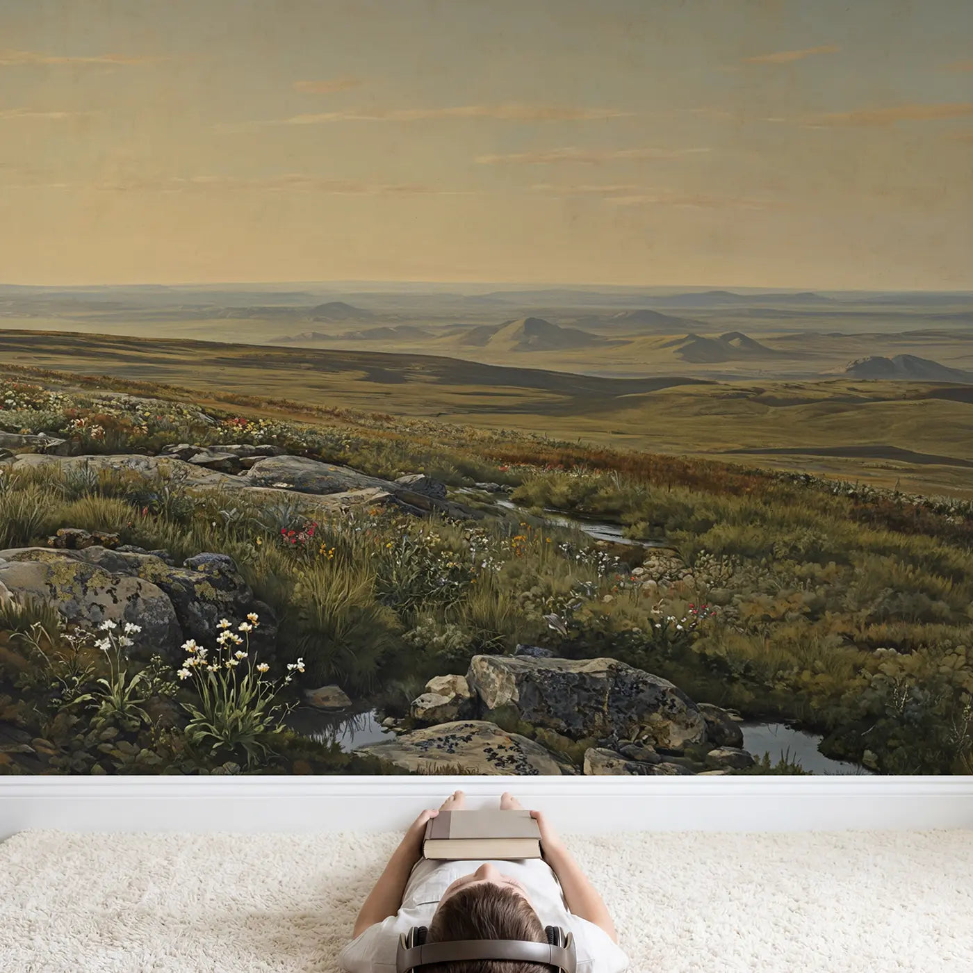 Child in nursery with Northern Mountain Tundra Stretching Wallpaper Mural by Whimsy Tots