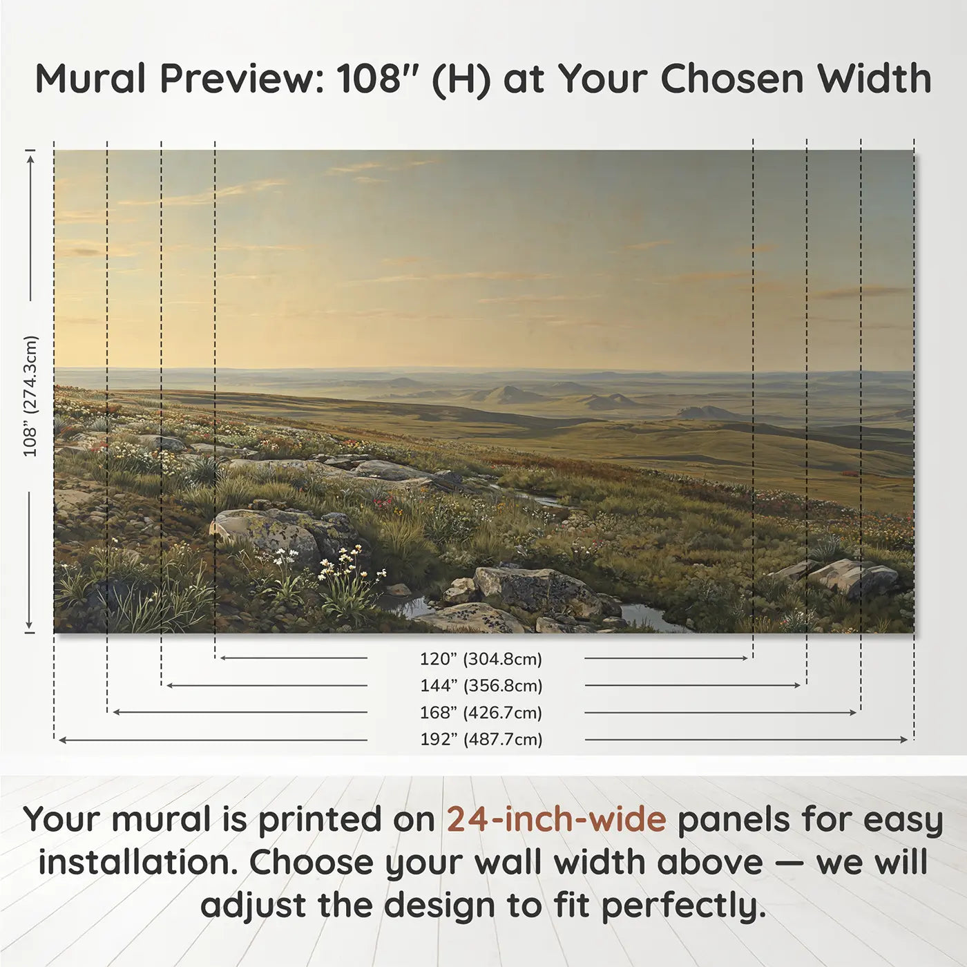 Panel layout and dimensions for Northern Mountain Tundra Stretching Wallpaper Mural by Whimsy Tots