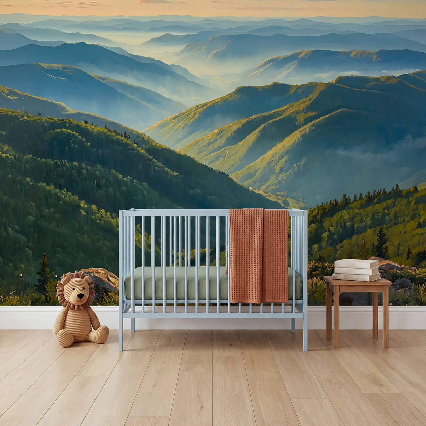 Painted landscape blue ridge mountains sunrise wallpaper mural for nursery by Whimsy Tots