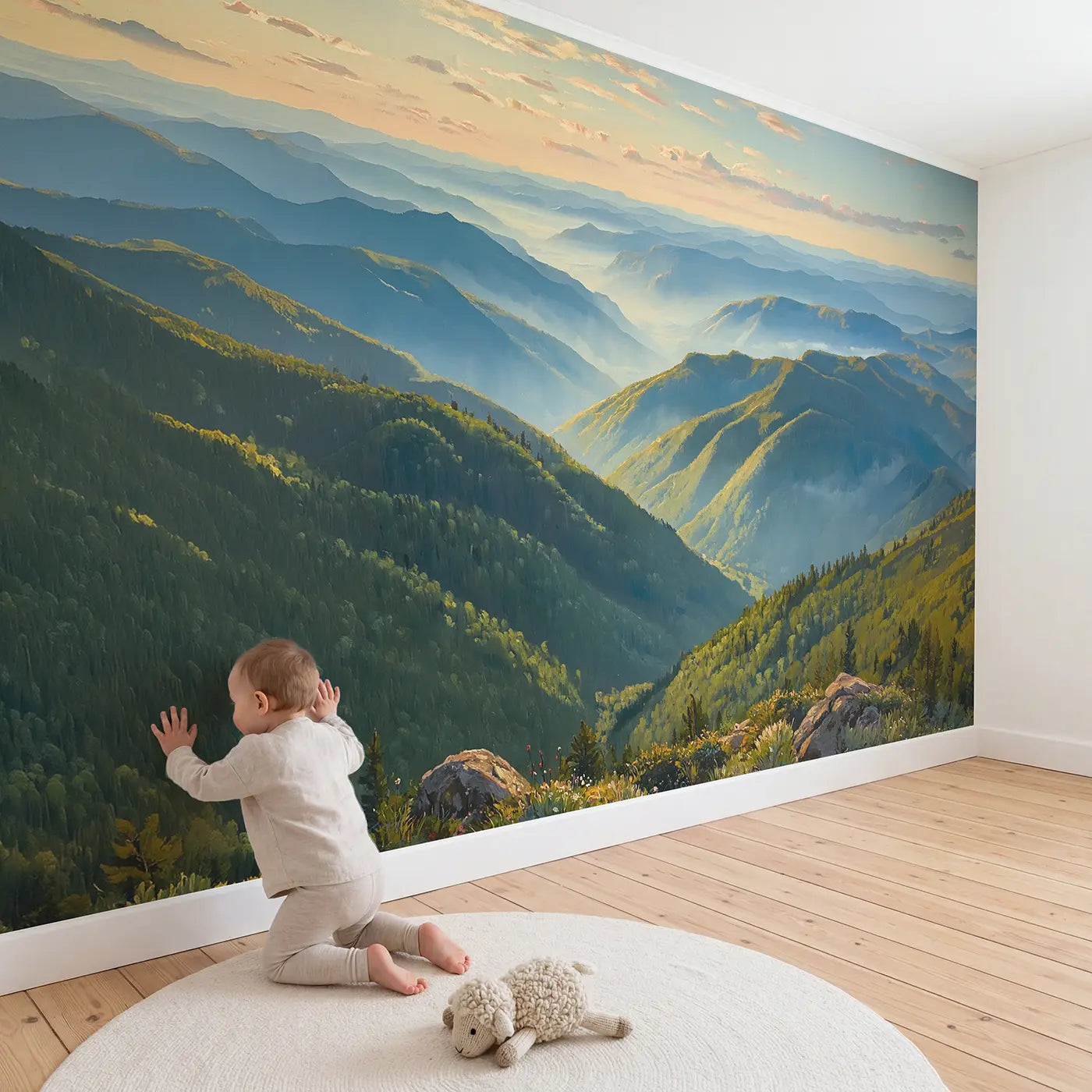 Child in nursery with Blue Ridge Mountains Wallpaper Mural by Whimsy Tots