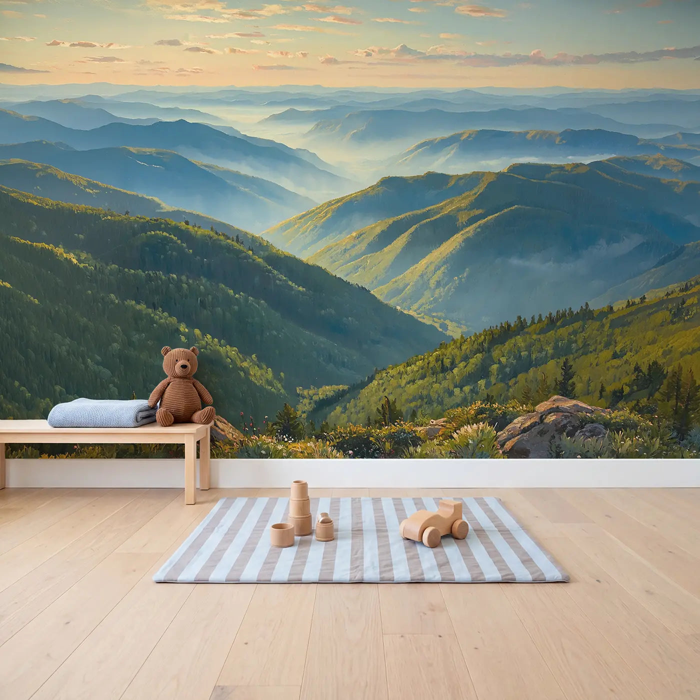 Blue Ridge Mountains Wallpaper Mural in playroom setting by Whimsy Tots