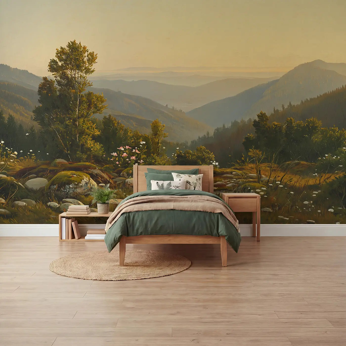 painted mountain morning window sunrise wallpaper mural for boys room by Whimsy Tots