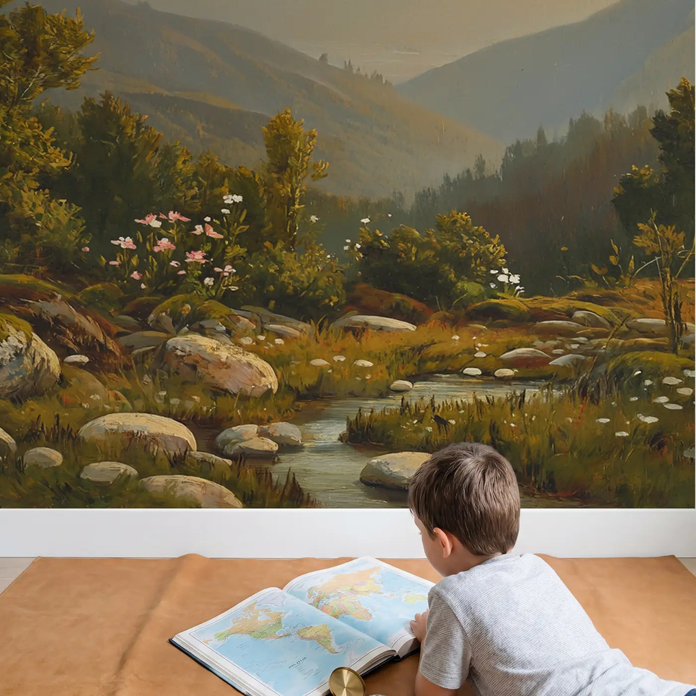 Child in nursery with Mountain Viewed Morning Window Wallpaper Mural by Whimsy Tots
