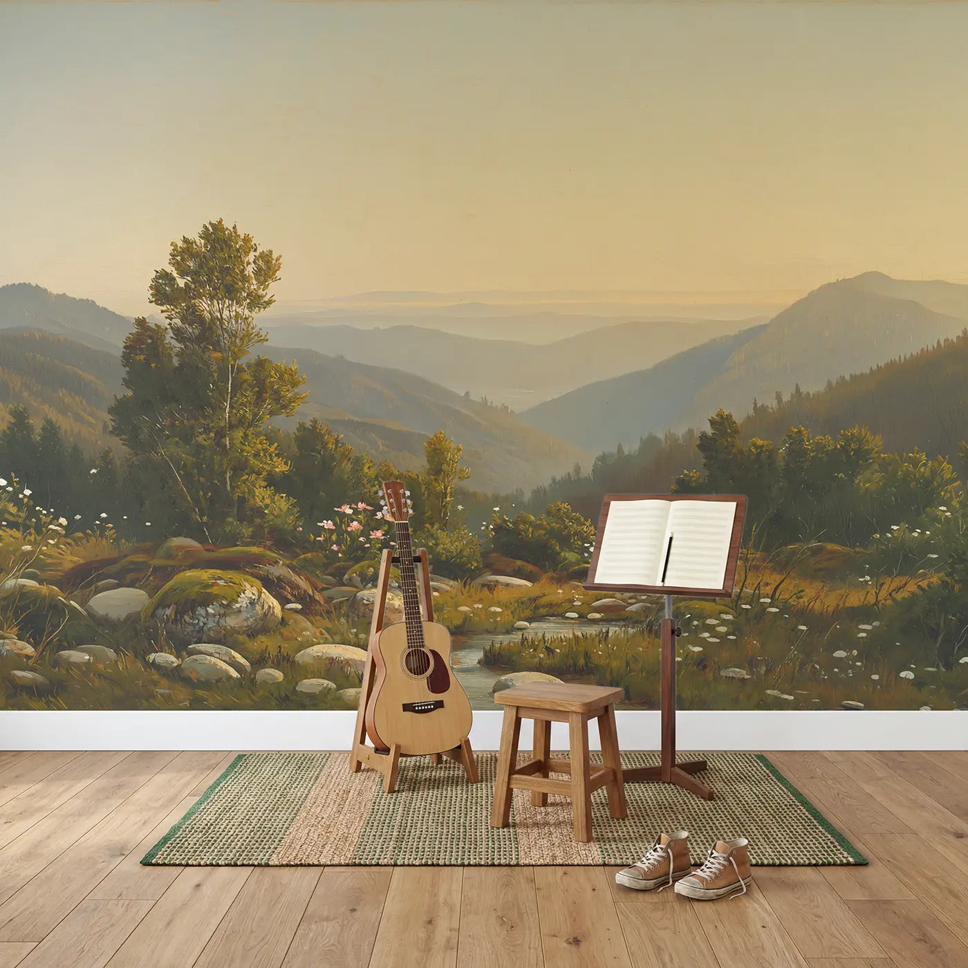 Mountain Viewed Morning Window Wallpaper Mural in playroom setting by Whimsy Tots