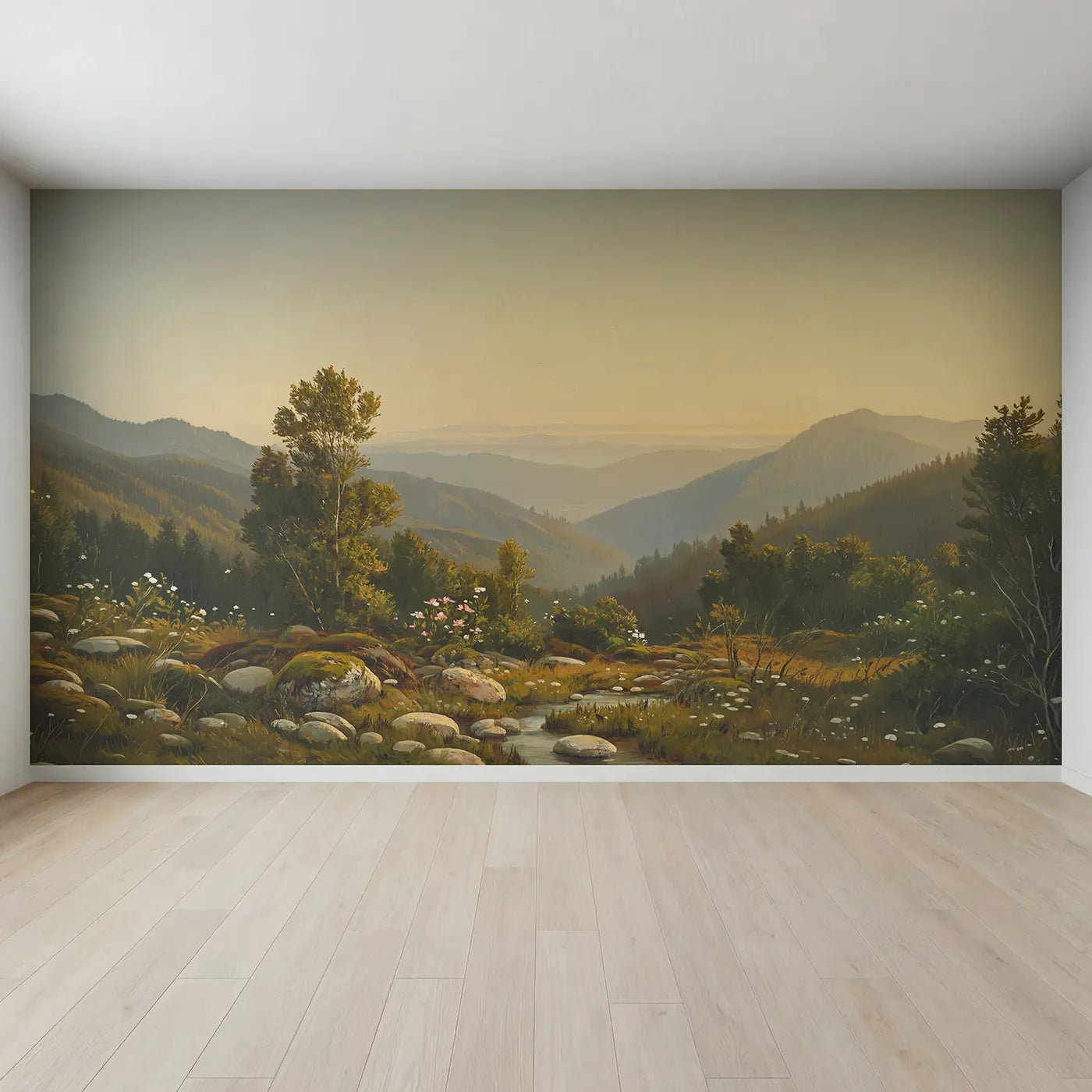 Full view of Mountain Viewed Morning Window Wallpaper Mural by Whimsy Tots