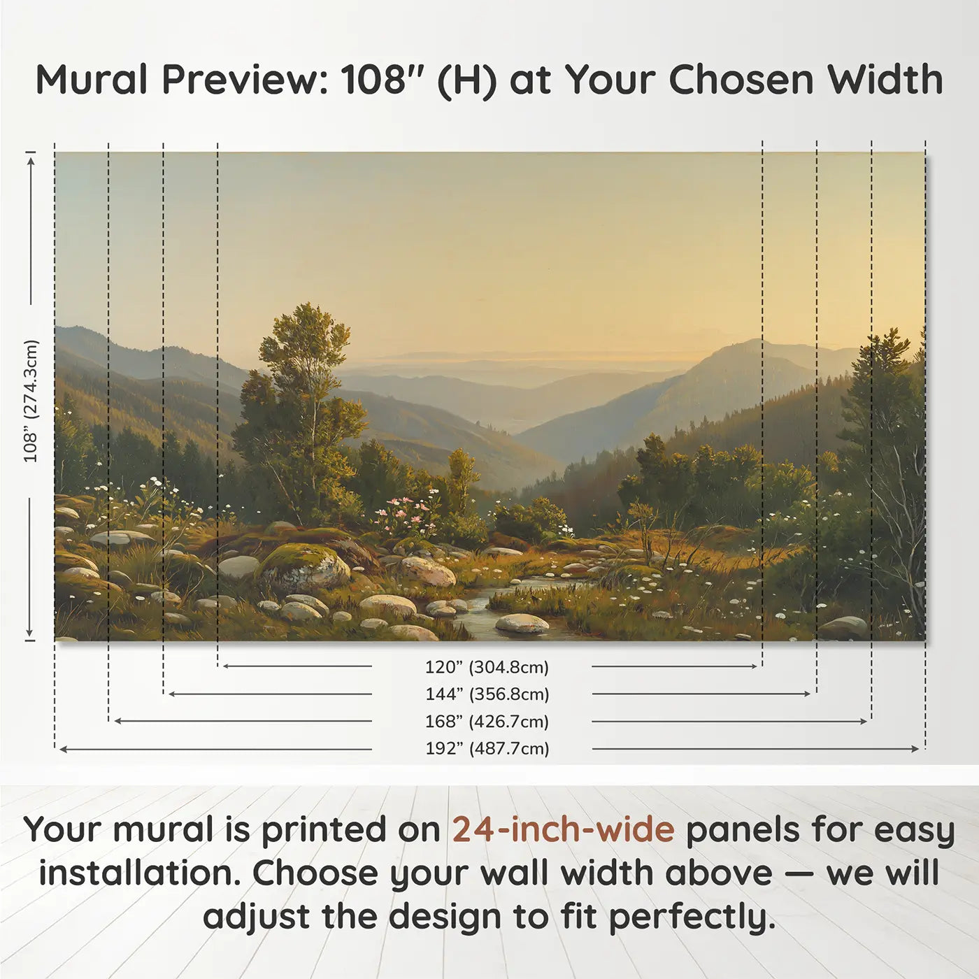 Panel layout and dimensions for Mountain Viewed Morning Window Wallpaper Mural by Whimsy Tots