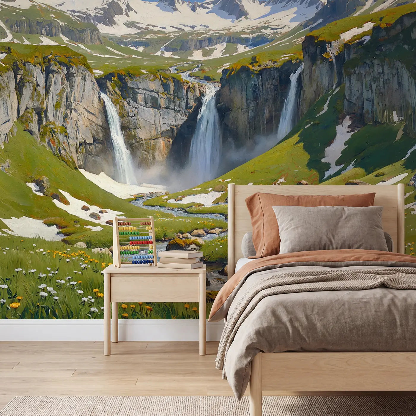 painted landscape spring mountain waterfall meadow mural for kids room by Whimsy Tots