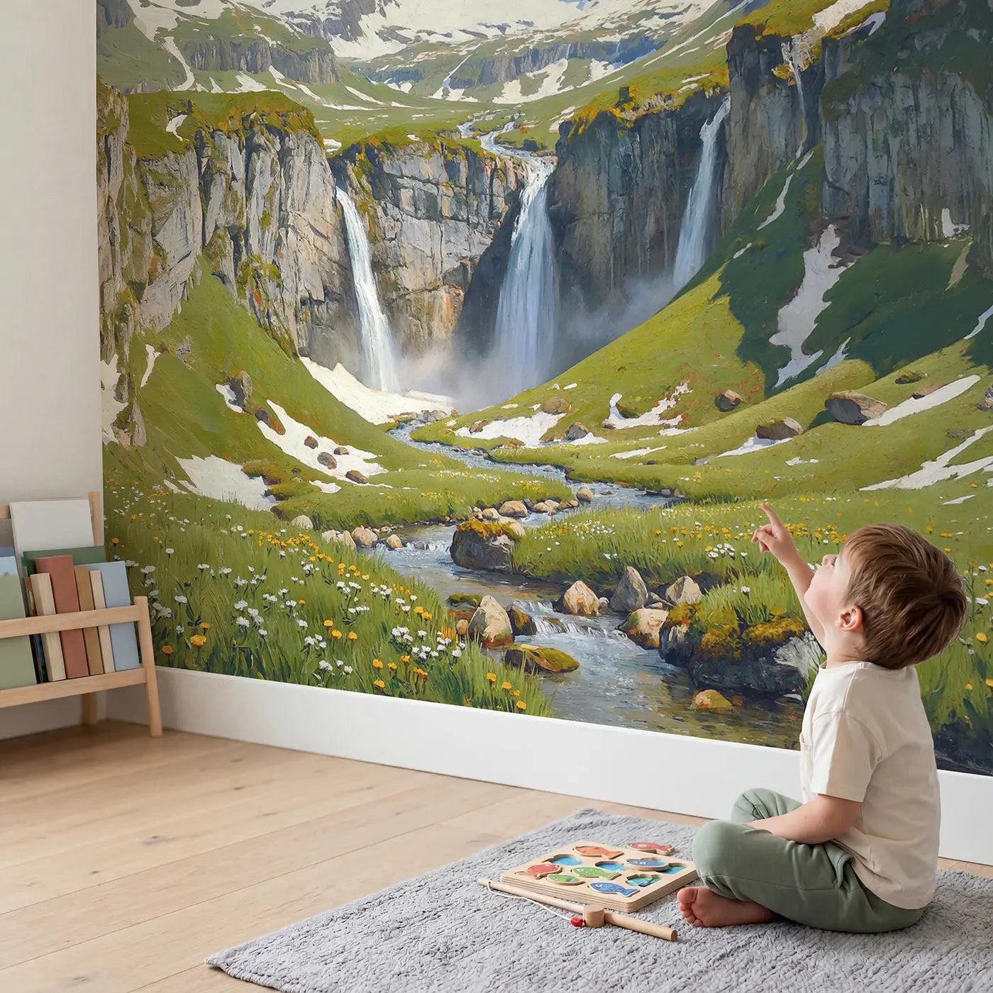 Child in nursery with Spring Mountain Waterfall Meadow Wallpaper Mural by Whimsy Tots