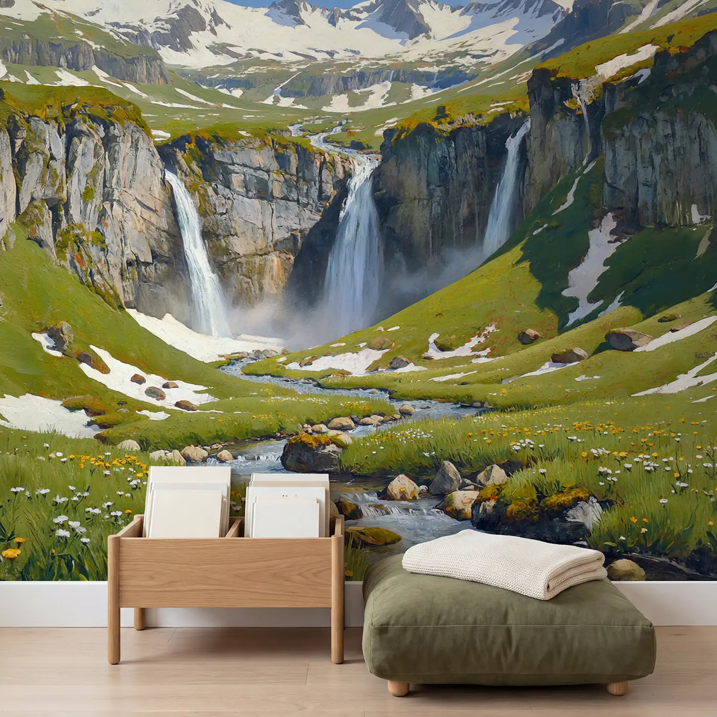 Spring Mountain Waterfall Meadow Wallpaper Mural in playroom setting by Whimsy Tots