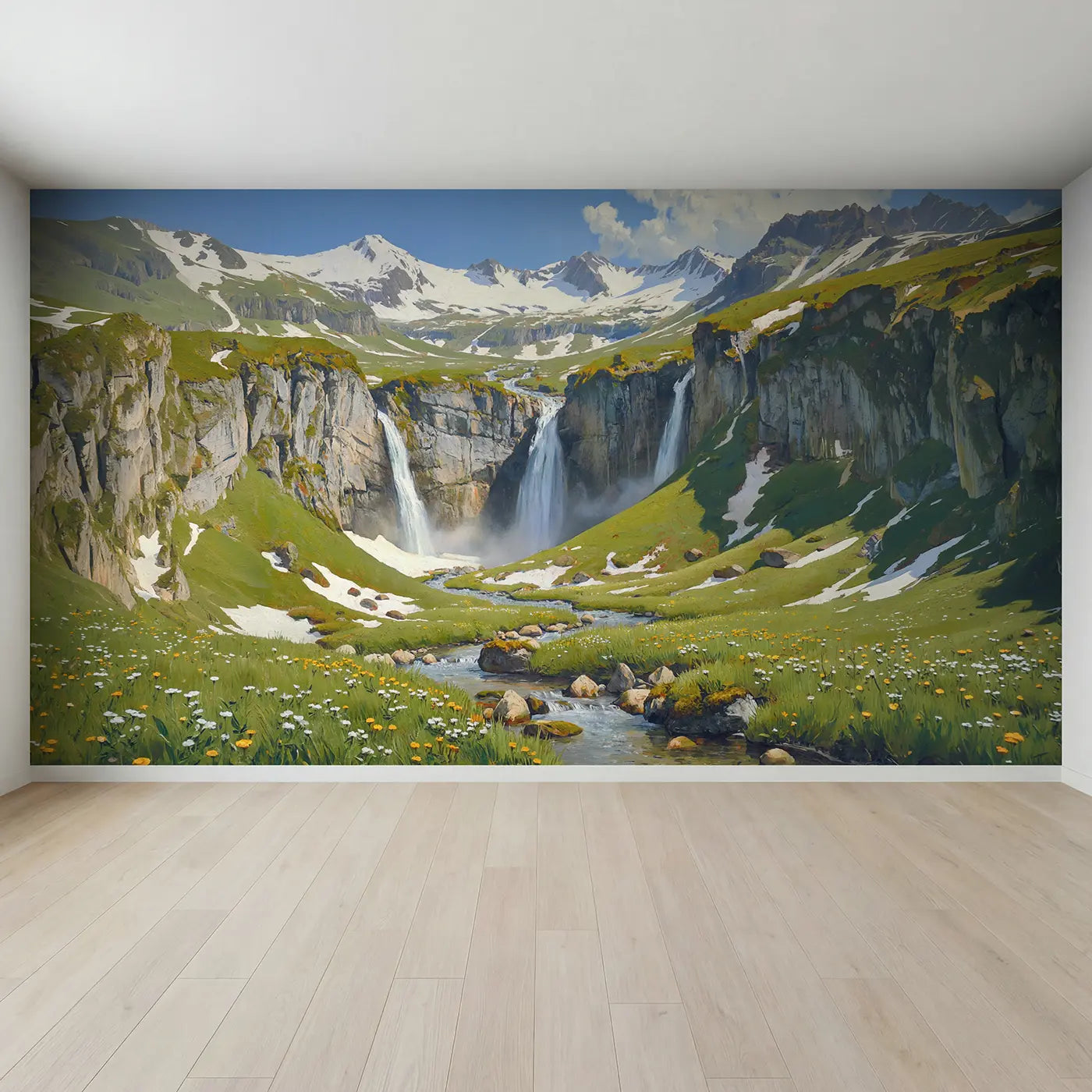 Full view of Spring Mountain Waterfall Meadow Wallpaper Mural by Whimsy Tots