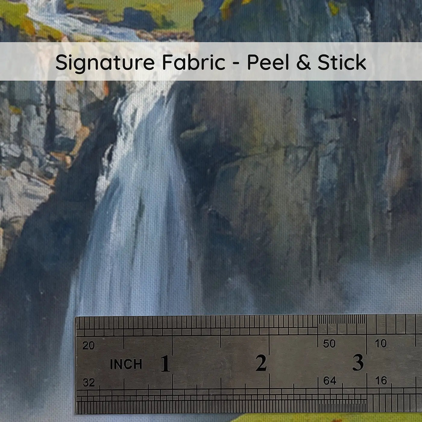 Fabric texture close-up of Spring Mountain Waterfall Meadow Wallpaper Mural by Whimsy Tots