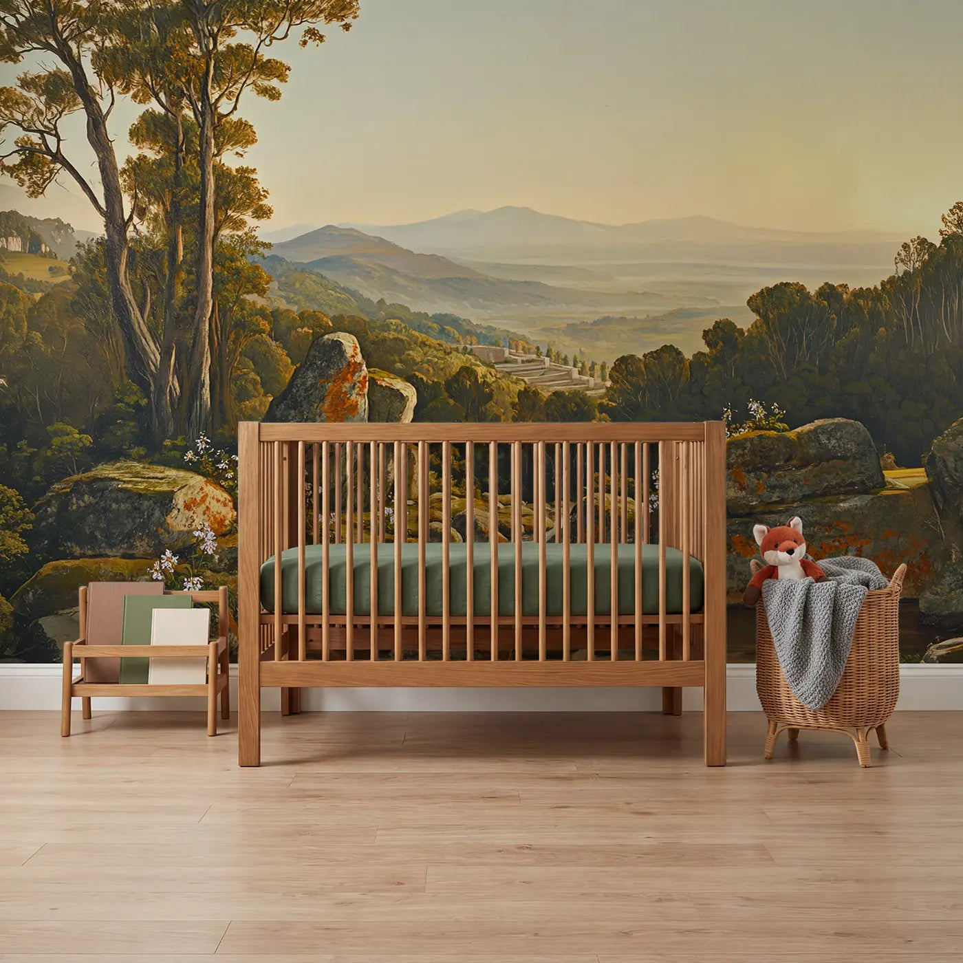 Painted landscape mountain garden terrace wallpaper mural for nursery by Whimsy Tots