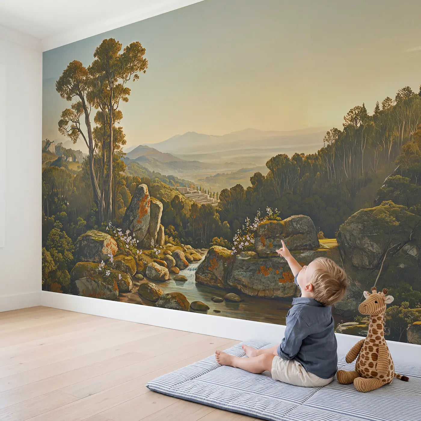 Child in nursery with Mountain Garden Terrace Distant Wallpaper Mural by Whimsy Tots