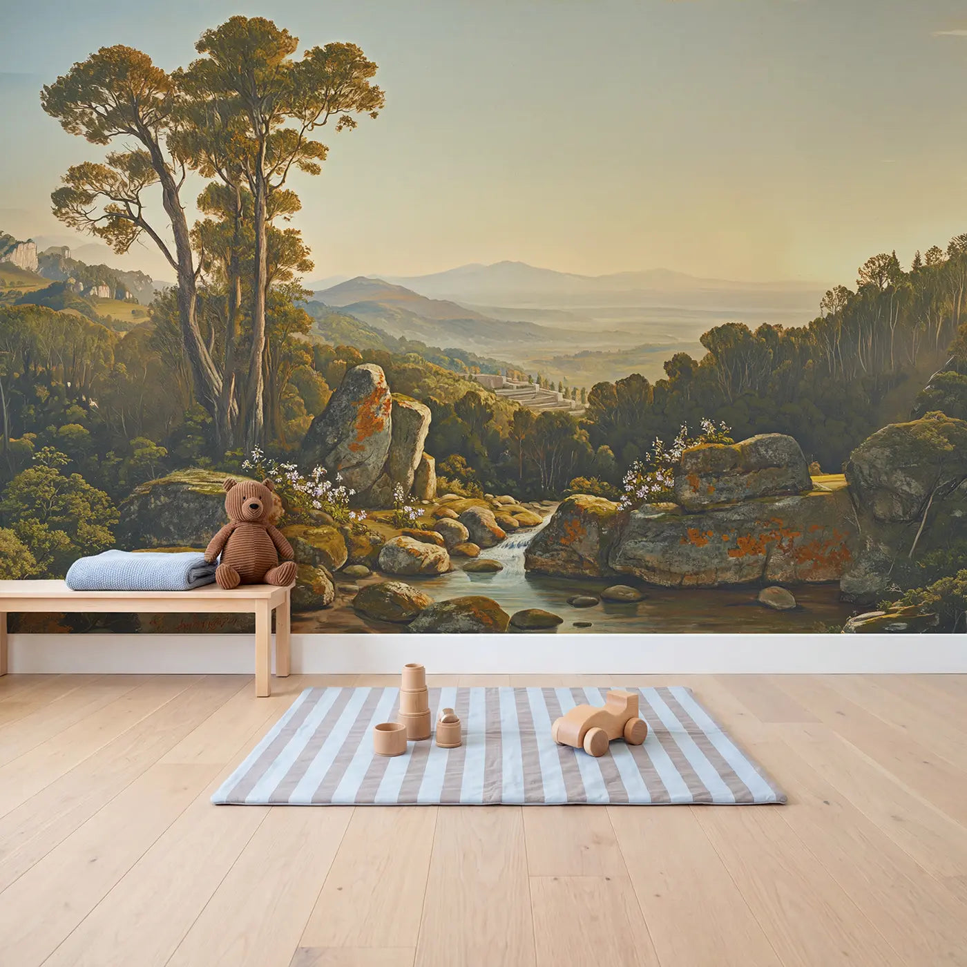 Mountain Garden Terrace Distant Wallpaper Mural in playroom setting by Whimsy Tots