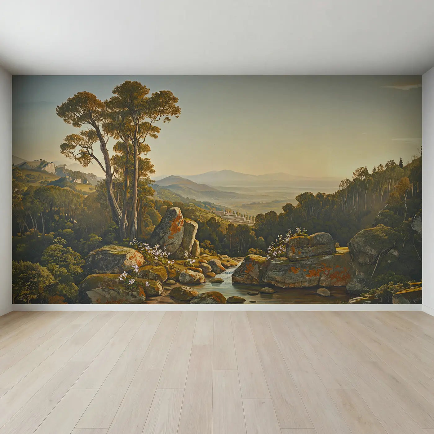 Full view of Mountain Garden Terrace Distant Wallpaper Mural by Whimsy Tots
