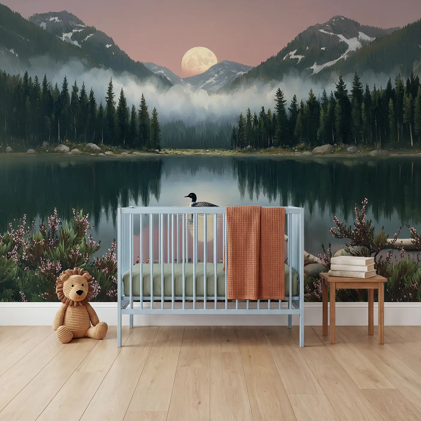Painted mountain and lake mountain wallpaper mural for kids room by Whimsy Tots