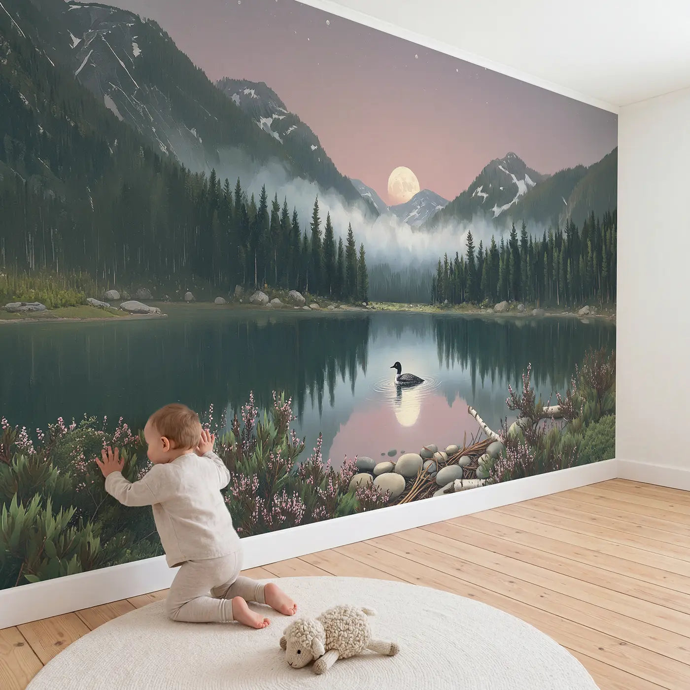 Child in nursery with Moonlit Mountain Lake Wallpaper Mural by Whimsy Tots