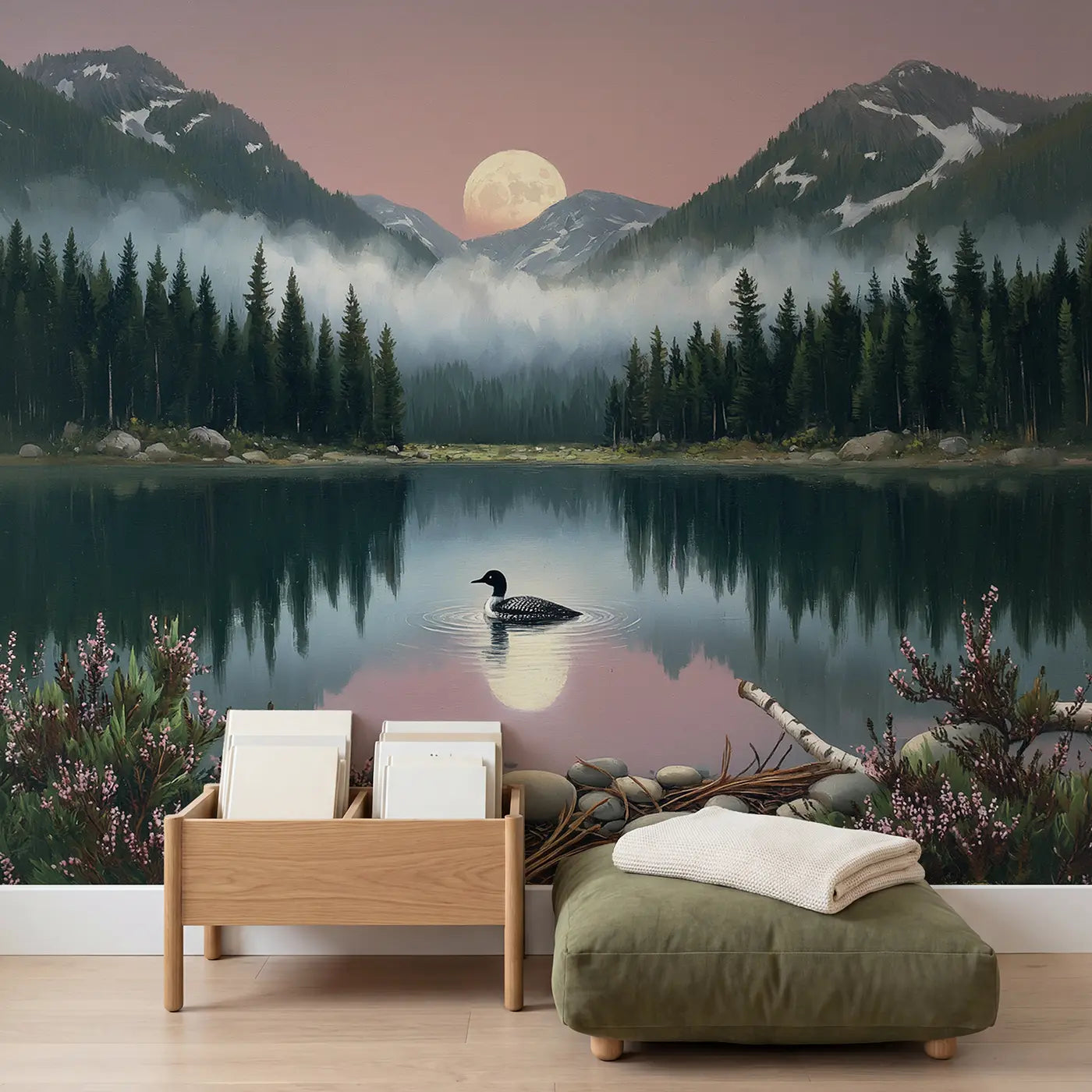 Moonlit Mountain Lake Wallpaper Mural in playroom setting by Whimsy Tots