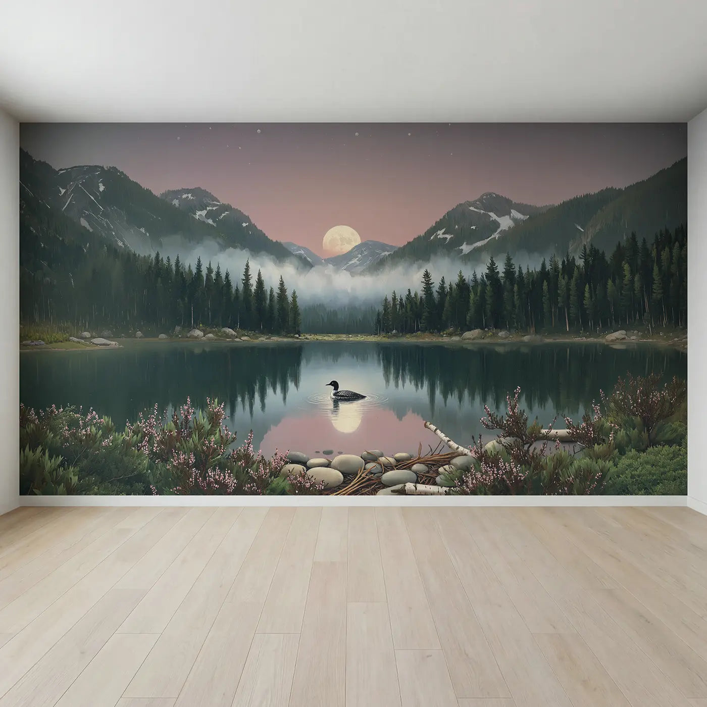 Full view of Moonlit Mountain Lake Wallpaper Mural by Whimsy Tots