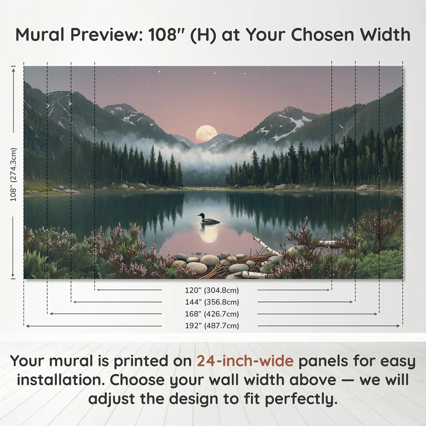 Panel layout and dimensions for Moonlit Mountain Lake Wallpaper Mural by Whimsy Tots