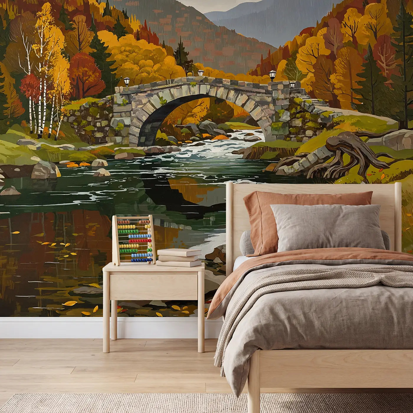 modern illustration stone bridge mountain mural for kids room by Whimsy Tots