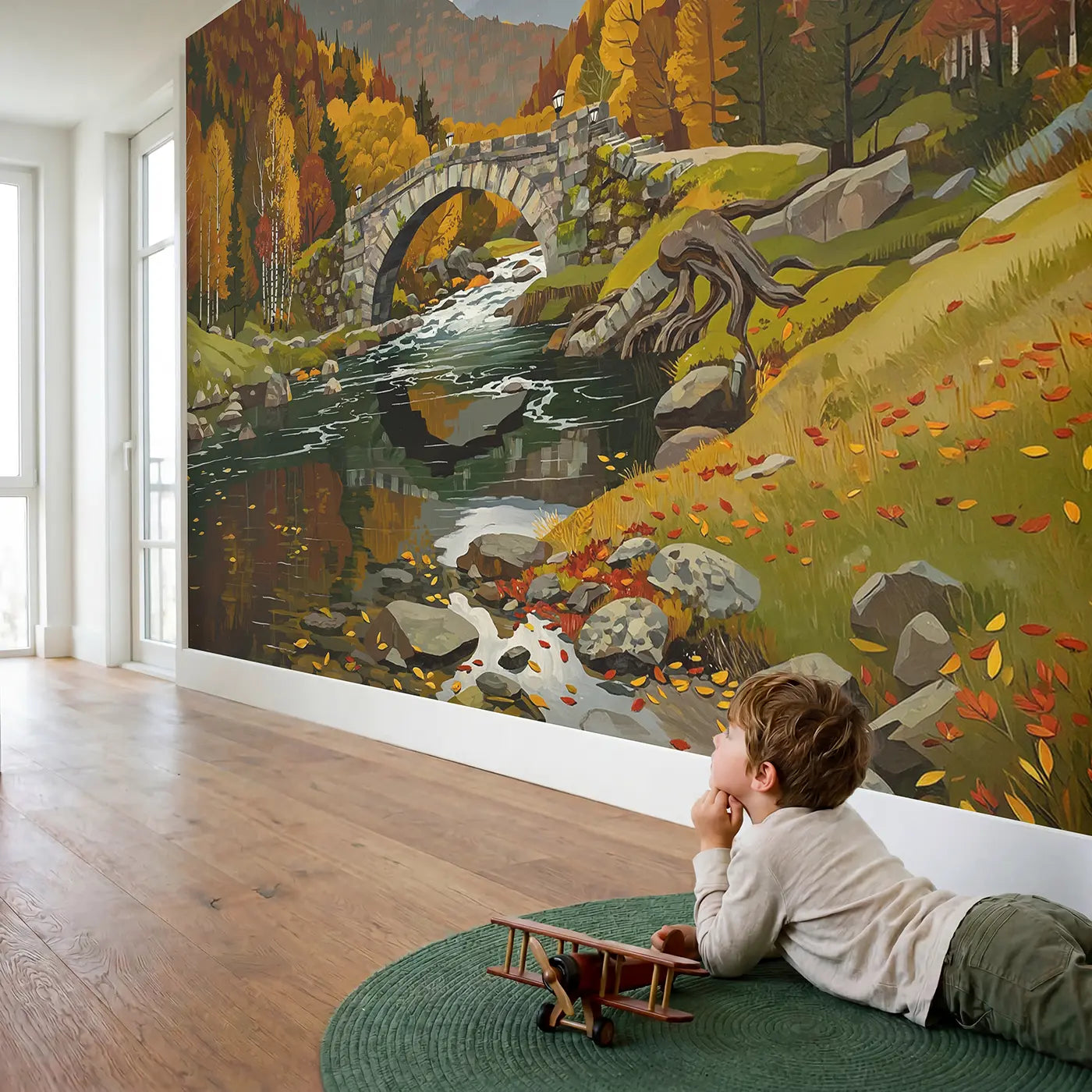 Child in nursery with Autumn Stone Bridge Mountain Wallpaper Mural by Whimsy Tots