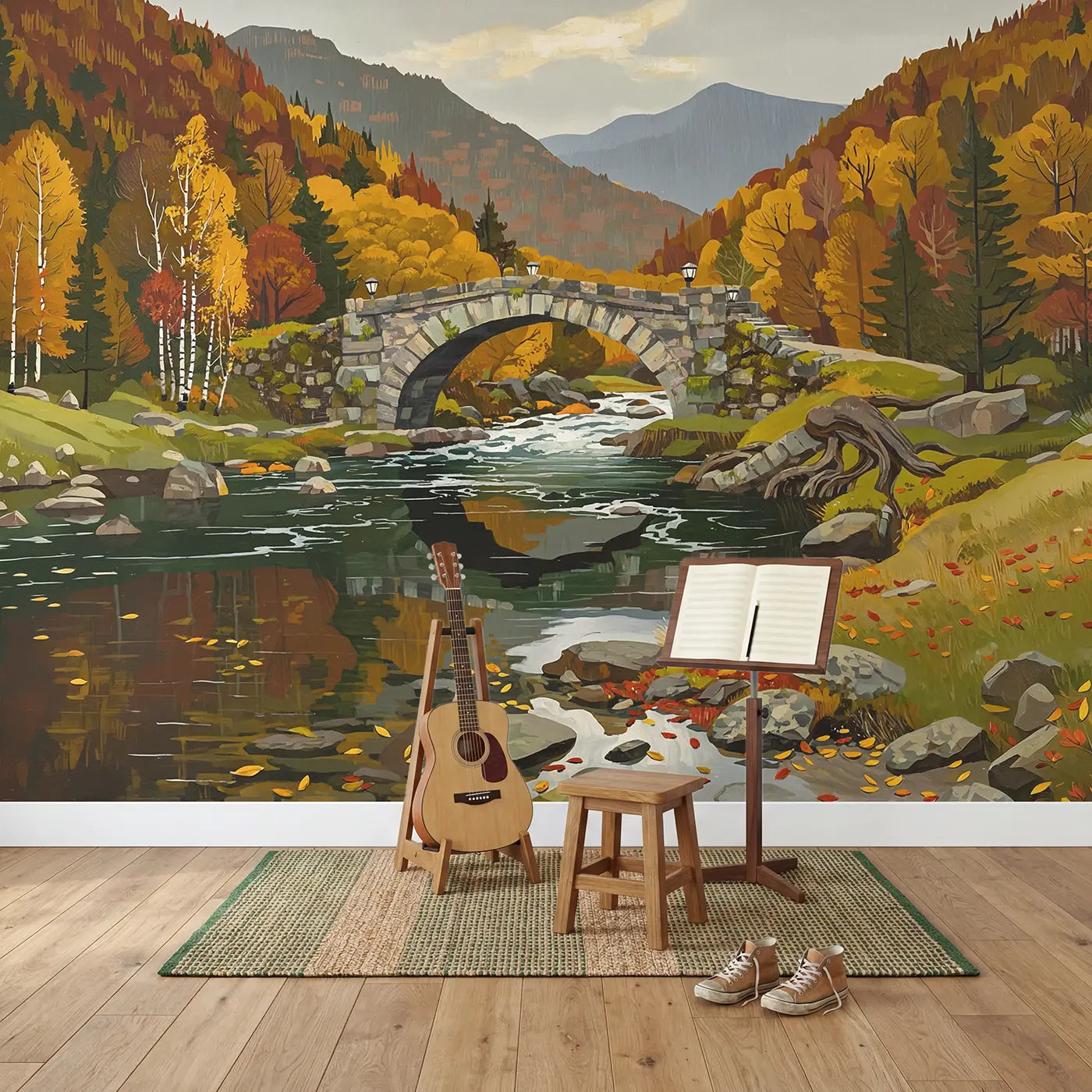 Autumn Stone Bridge Mountain Wallpaper Mural in playroom setting by Whimsy Tots