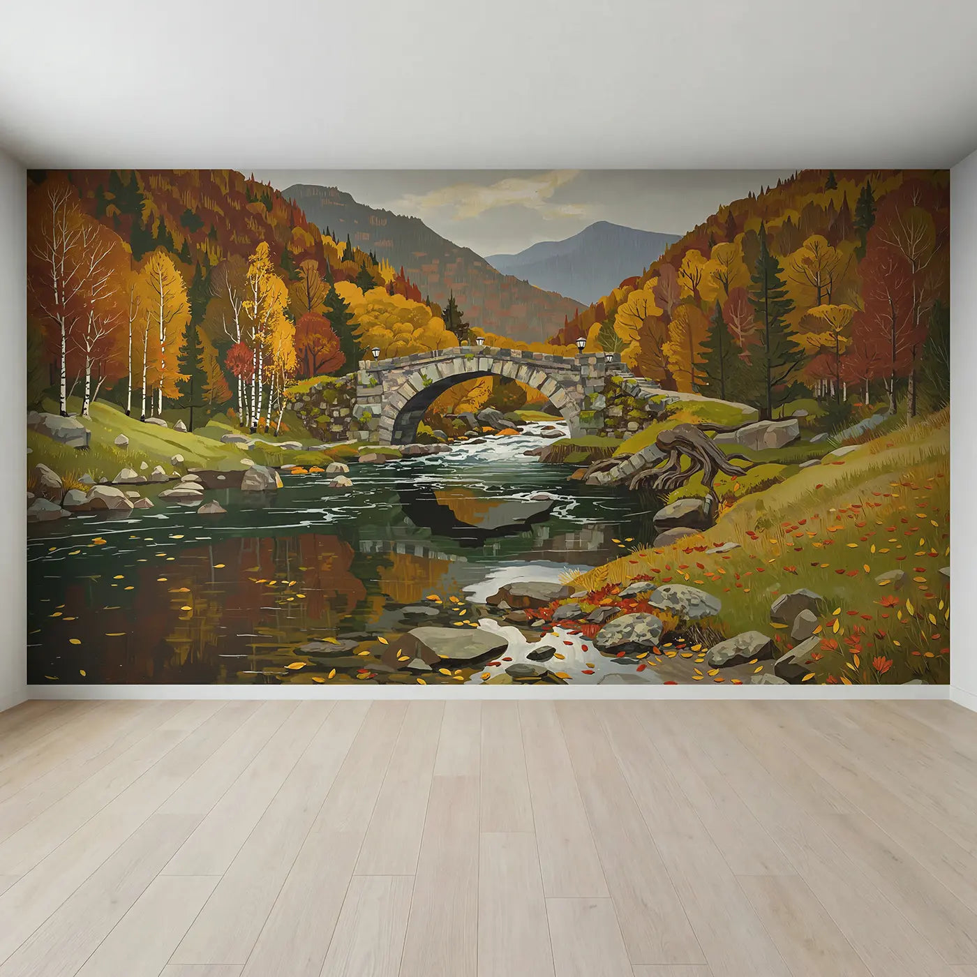 Full view of Autumn Stone Bridge Mountain Wallpaper Mural by Whimsy Tots