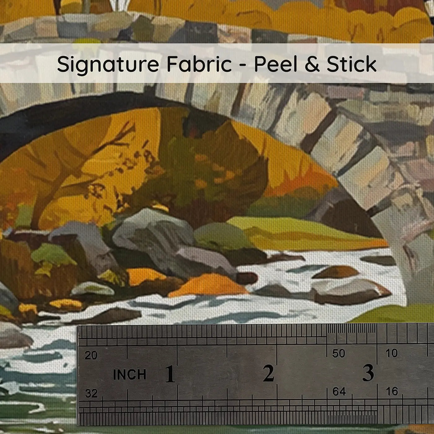 Fabric texture close-up of Autumn Stone Bridge Mountain Wallpaper Mural by Whimsy Tots