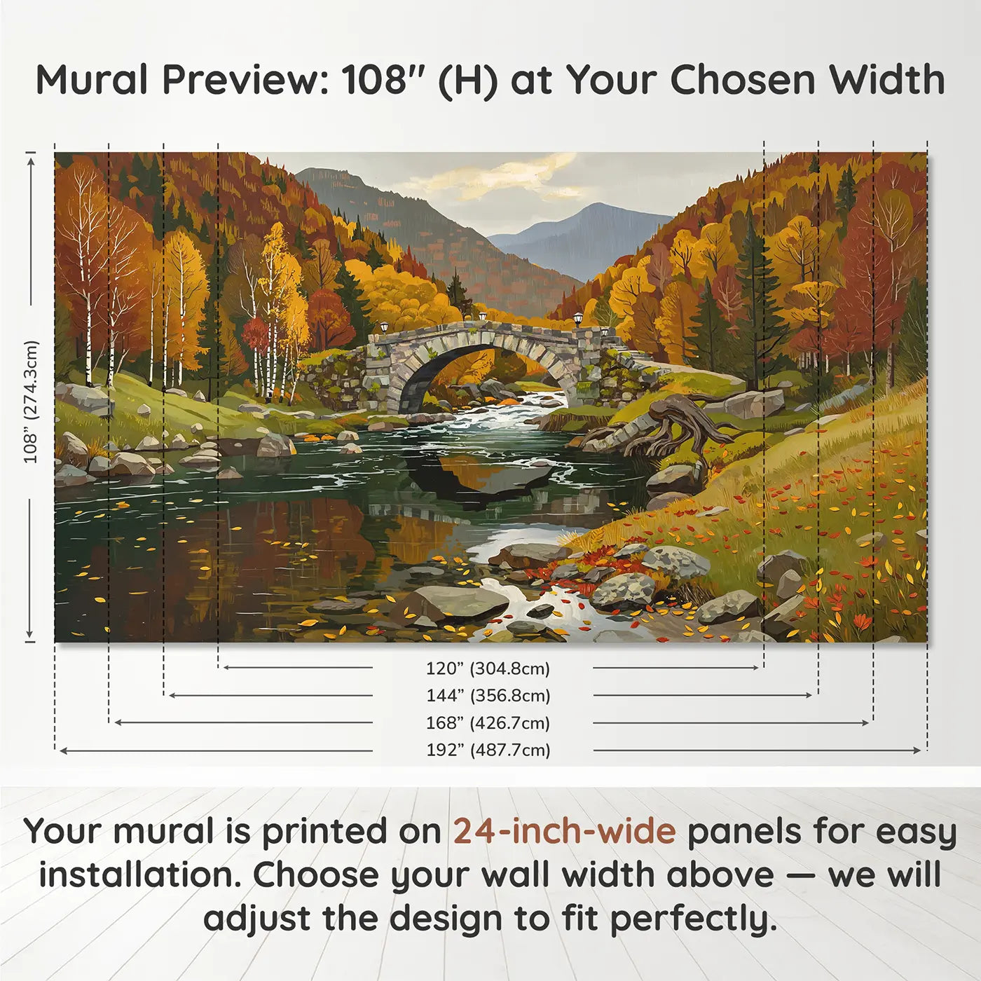 Panel layout and dimensions for Autumn Stone Bridge Mountain Wallpaper Mural by Whimsy Tots