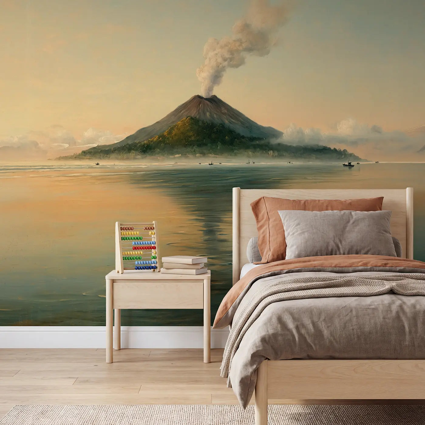 Painted landscape volcanic island with steam wallpaper mural for kids room by Whimsy Tots