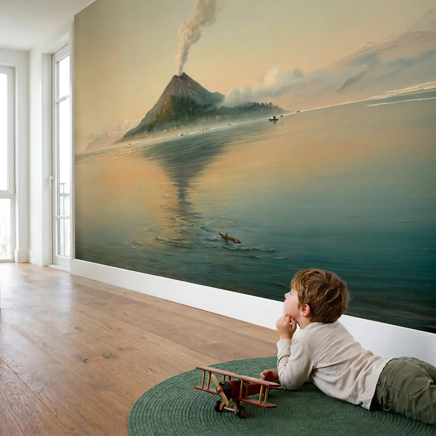 Child in nursery with Volcanic Island Morning Haze Wallpaper Mural by Whimsy Tots