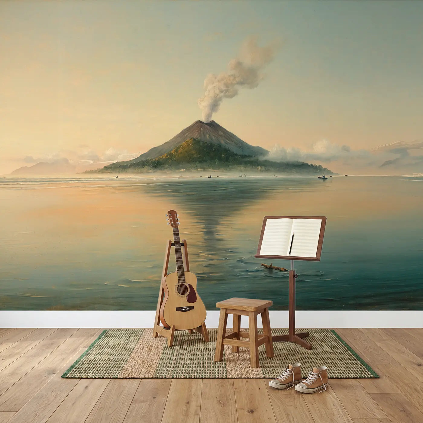 Volcanic Island Morning Haze Wallpaper Mural in playroom setting by Whimsy Tots