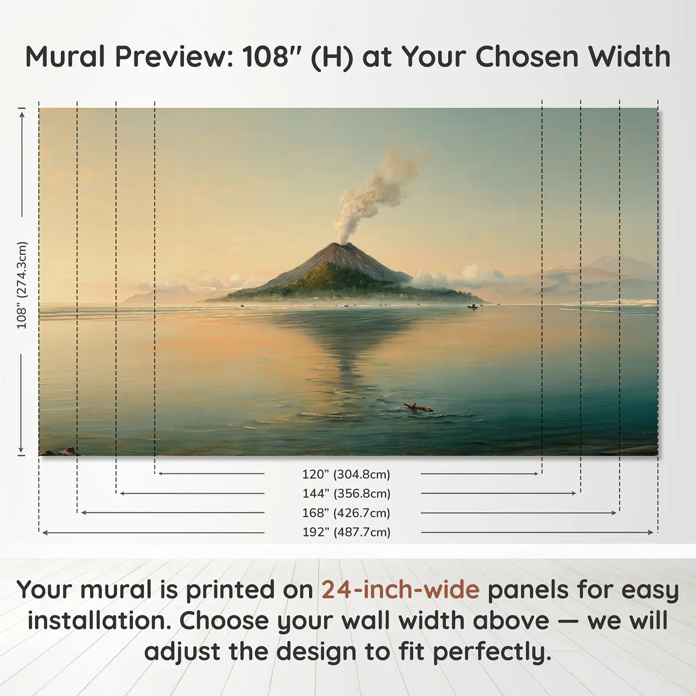 Panel layout and dimensions for Volcanic Island Morning Haze Wallpaper Mural by Whimsy Tots