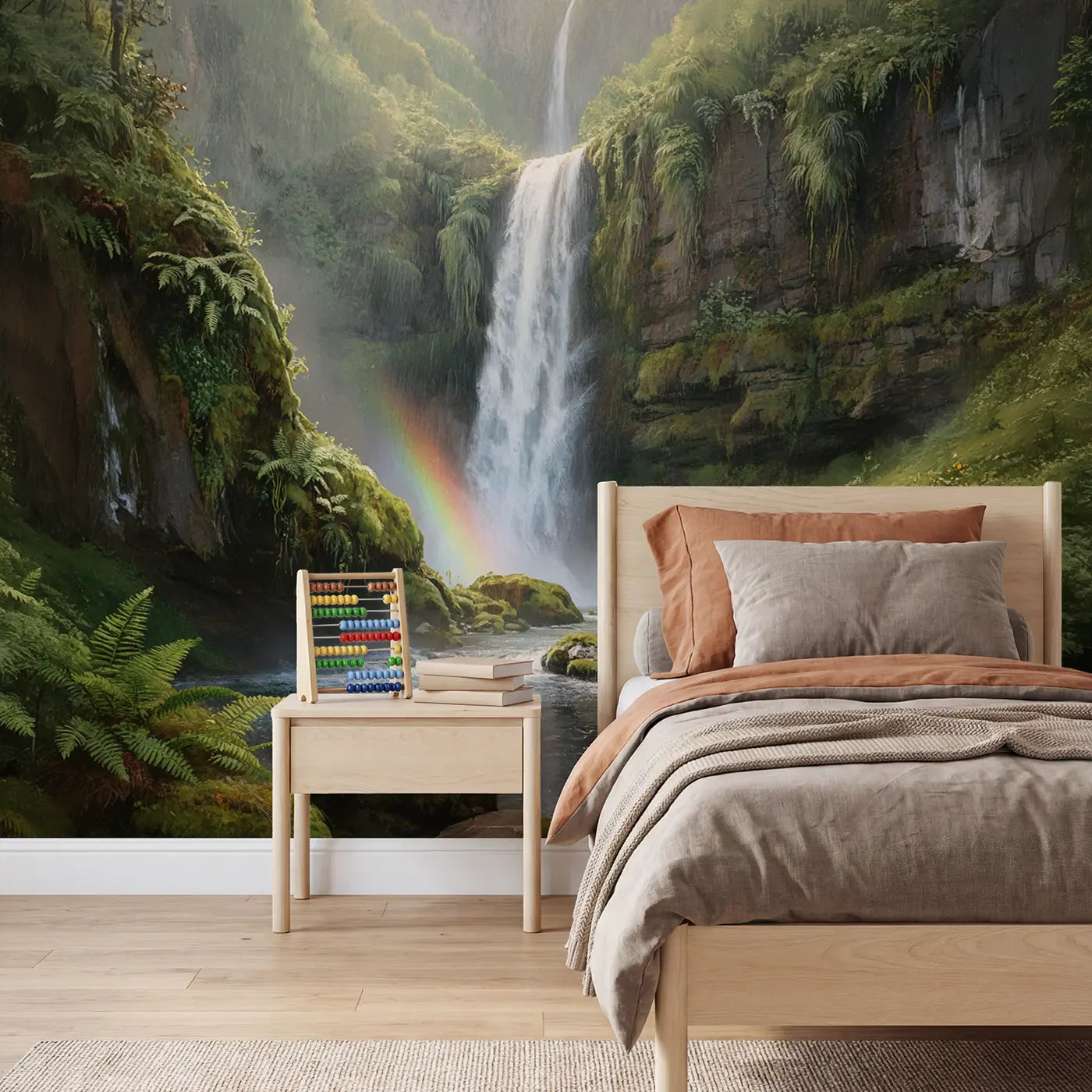 soft pastel mossy cliff waterfall rainbow valley mural for kids room by Whimsy Tots