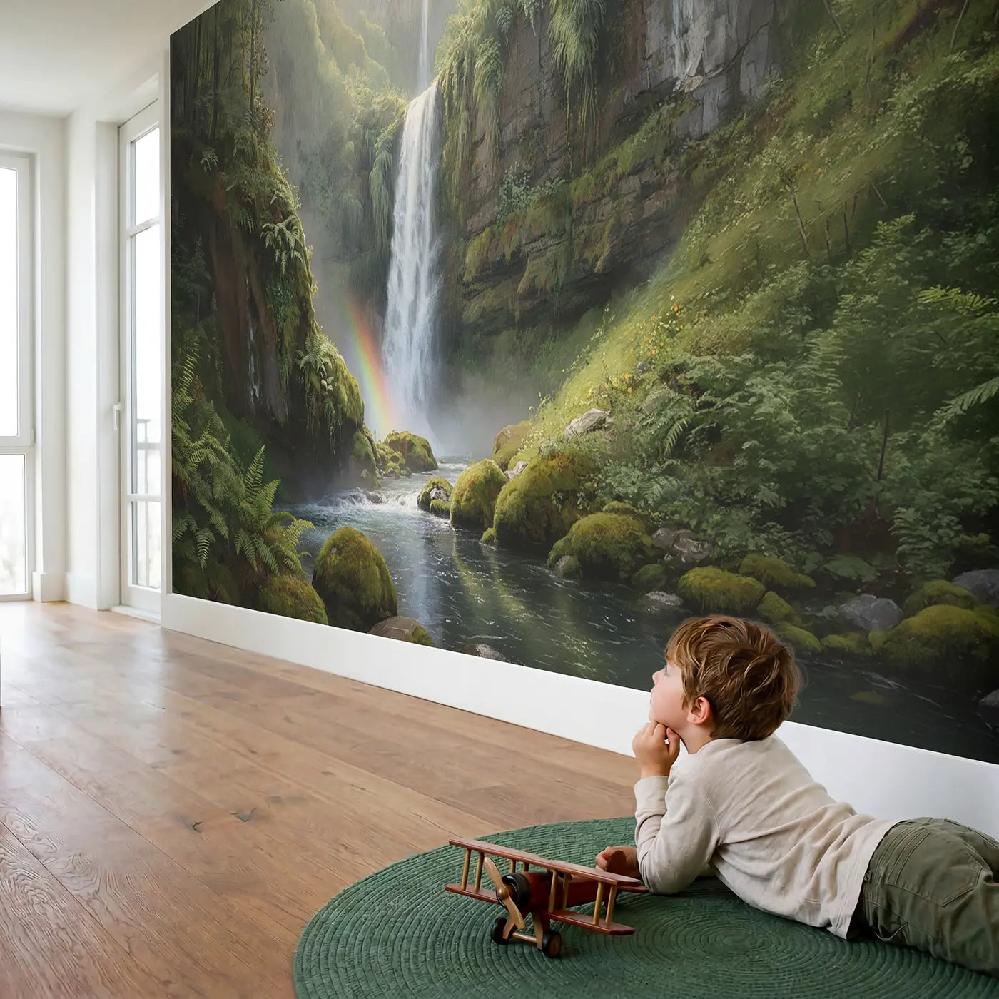 Child in nursery with Mossy Cliff Waterfall Rainbow Valley Wallpaper Mural by Whimsy Tots