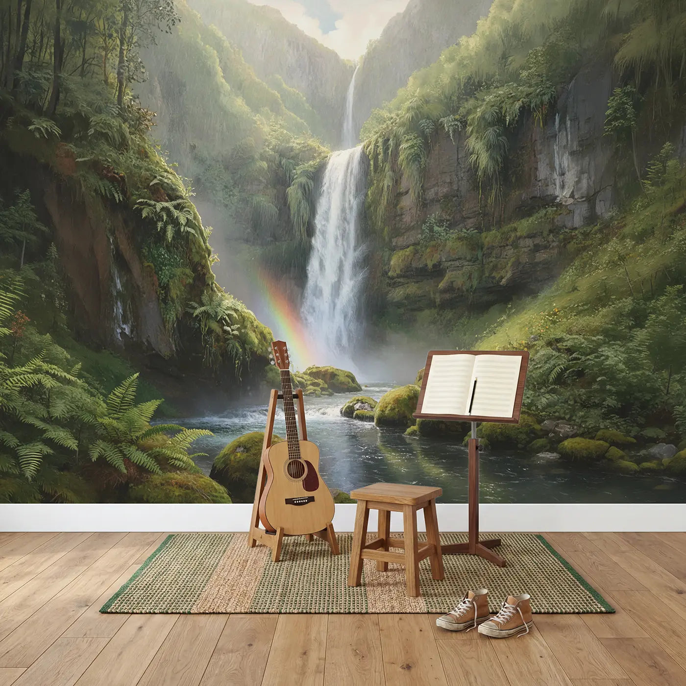 Mossy Cliff Waterfall Rainbow Valley Wallpaper Mural in playroom setting by Whimsy Tots
